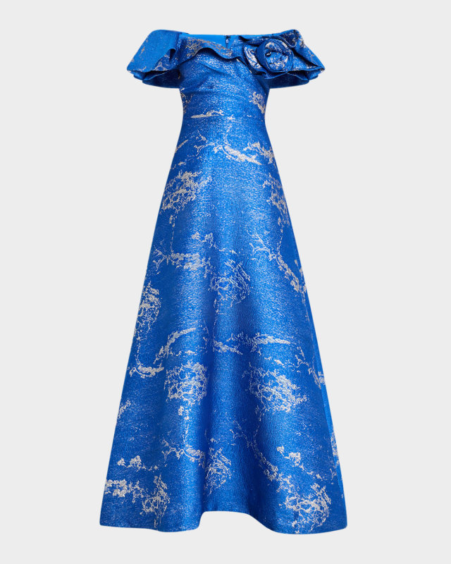Off-Shoulder Metallic Jacquard Gown